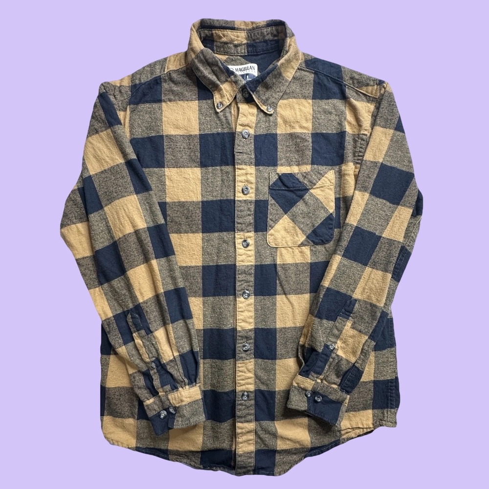 Magellan Outdoors Flannel Shirt Mens S Yellow Canyon Creek Buffalo Plaid Cotton
